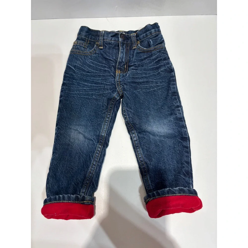 OshKosh B'gosh Fleece Lined Jeans Toddler 24 Months Blue Red Adjustable Waist